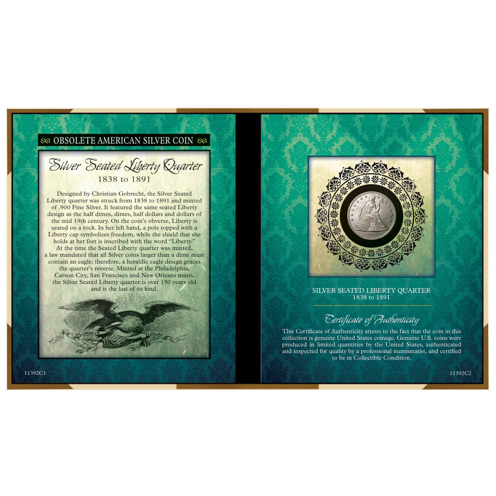 Obsolete American Seated Liberty Silver Quarter Coin with Display